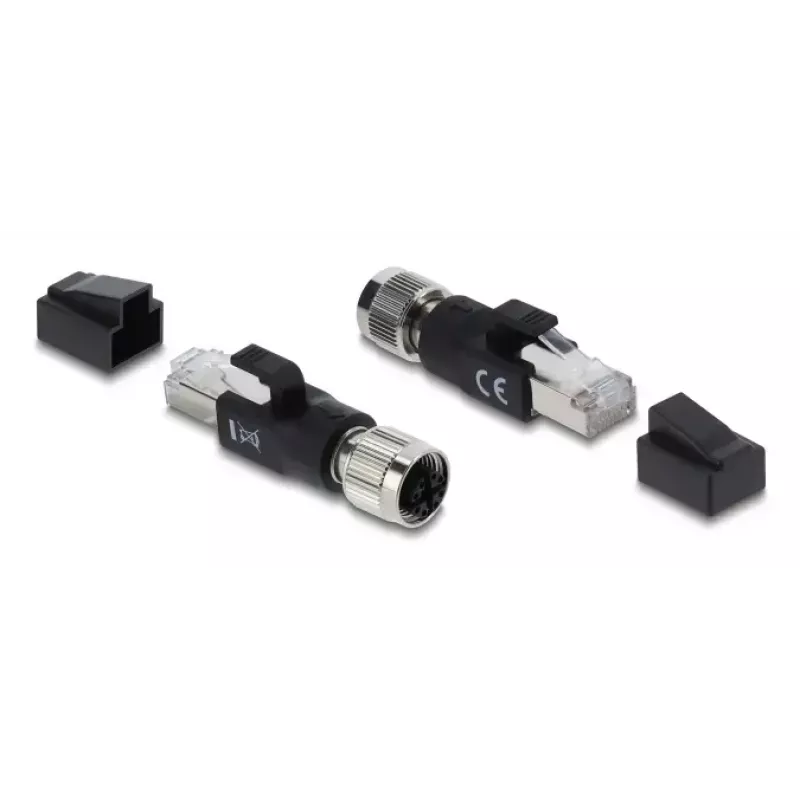 Adapteris M12 X-kodēts 8-pinu sievišķais uz RJ45 spraudni, DELOCK 90834, apzeltīti kontakti, melns