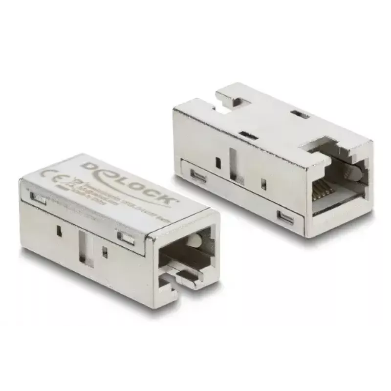 Adapter Coupler RJ45 jack-to-jack Cat.6A metāla — DELOCK, plakans, sudrabains, 15.6×33.1×13.1 mm