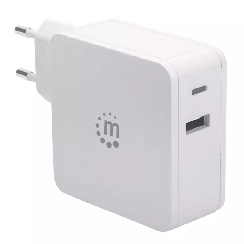 Manhattan sienas/strāvas lādētājs (Euro 2-kontaktu), USB-C un USB-A pieslēgvietas, USB-C izeja: 45W / 3A, USB-A izeja: 2.4A, balts, trīs gadu garantija, kaste