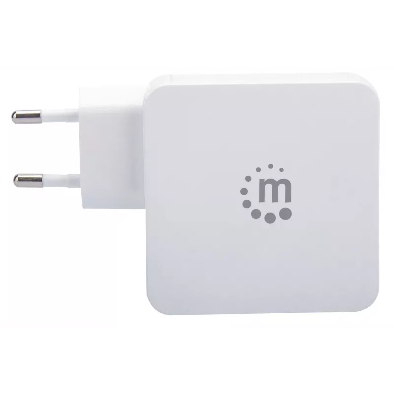 Manhattan sienas/strāvas lādētājs (Euro 2-kontaktu), USB-C un USB-A pieslēgvietas, USB-C izeja: 45W / 3A, USB-A izeja: 2.4A, balts, trīs gadu garantija, kaste