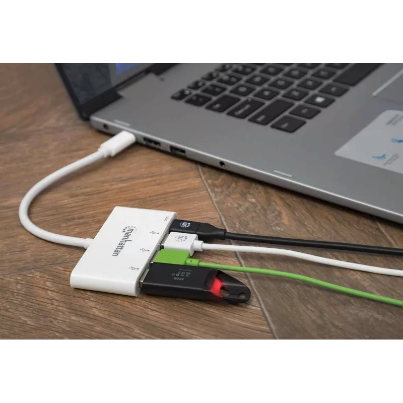 Manhattan USB-C dokstacija/sadalītājs, porti (x4): USB-A (x3) un USB-C, 5 Gbps (USB 3.2 Gen1 jeb USB 3.0), ar strāvas padevi (60W) uz USB-C portu (piezīme: nepieciešams papildu USB-C sienas lādētājs un USB-C kabelis), universāls visām ierīcēm, SuperSpeed USB, 3 gadu garantija