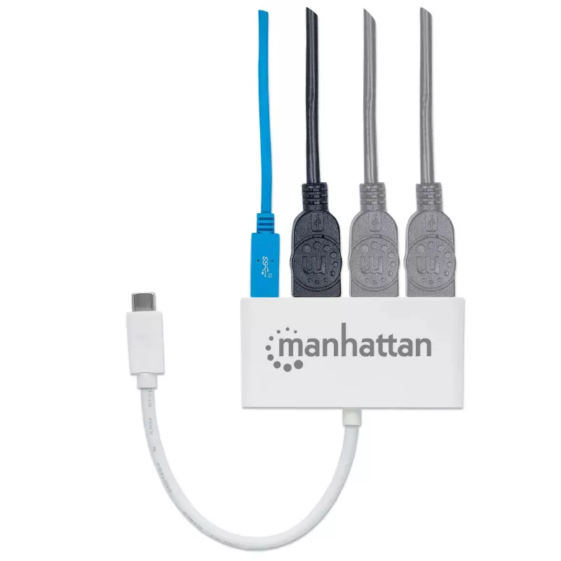 Manhattan USB-C dokstacija/sadalītājs, porti (x4): USB-A (x3) un USB-C, 5 Gbps (USB 3.2 Gen1 jeb USB 3.0), ar strāvas padevi (60W) uz USB-C portu (piezīme: nepieciešams papildu USB-C sienas lādētājs un USB-C kabelis), universāls visām ierīcēm, SuperSpeed USB, 3 gadu garantija