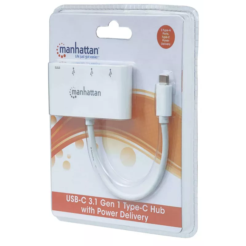 Manhattan USB-C dokstacija/sadalītājs, porti (x4): USB-A (x3) un USB-C, 5 Gbps (USB 3.2 Gen1 jeb USB 3.0), ar strāvas padevi (60W) uz USB-C portu (piezīme: nepieciešams papildu USB-C sienas lādētājs un USB-C kabelis), universāls visām ierīcēm, SuperSpeed USB, 3 gadu garantija