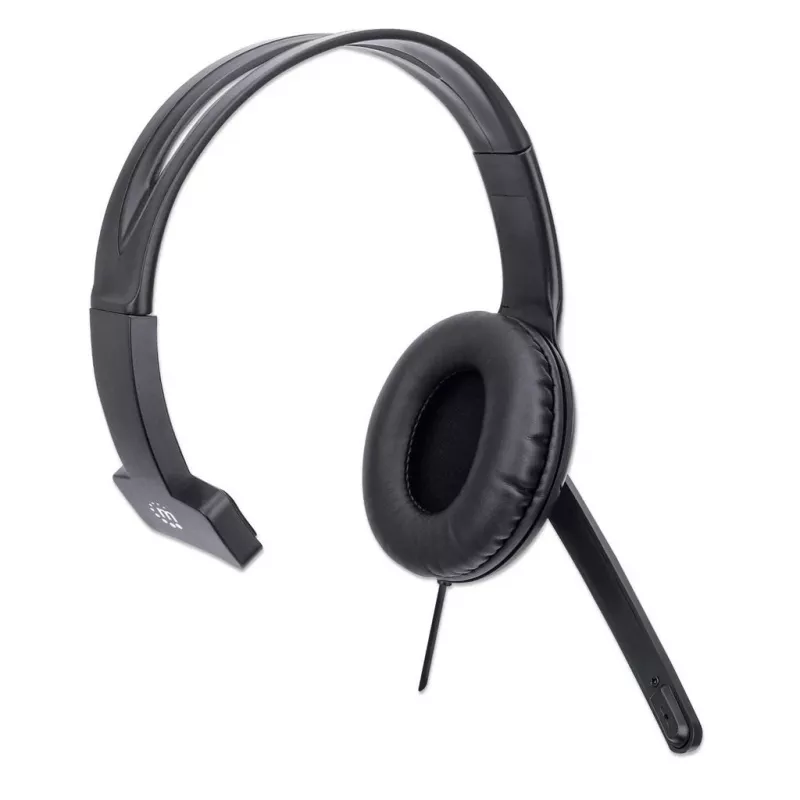 Manhattan Mono Over-Ear Headset (USB), Microphone Boom (padded), Retail Box Packaging, Adjustable Headband, In-Line Volume Control, Ear Cushion, USB-A for both sound and mic use, kabelis 1.5m, Three Year Warranty