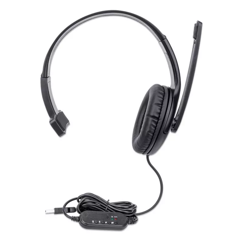 Manhattan Mono Over-Ear Headset (USB), Microphone Boom (padded), Retail Box Packaging, Adjustable Headband, In-Line Volume Control, Ear Cushion, USB-A for both sound and mic use, kabelis 1.5m, Three Year Warranty