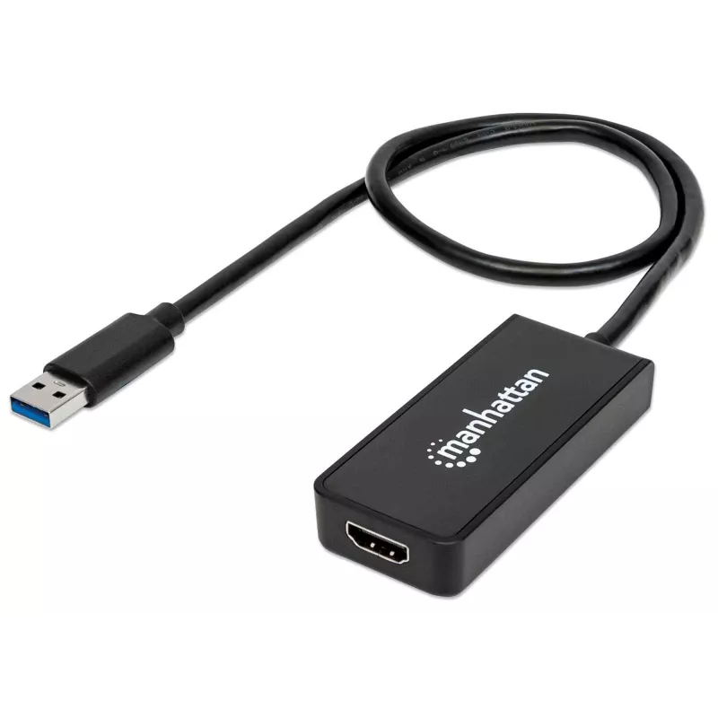 Manhattan USB-A uz HDMI adaptera kabelis, 60 cm, vīriešu uz sieviešu, 5 Gb/s (USB 3.2 Gen1 jeb USB 3.0), 2560x1440 @ 32 bitu krāsa, Full HD video 1080p@16:9, melns, blistera iepakojums