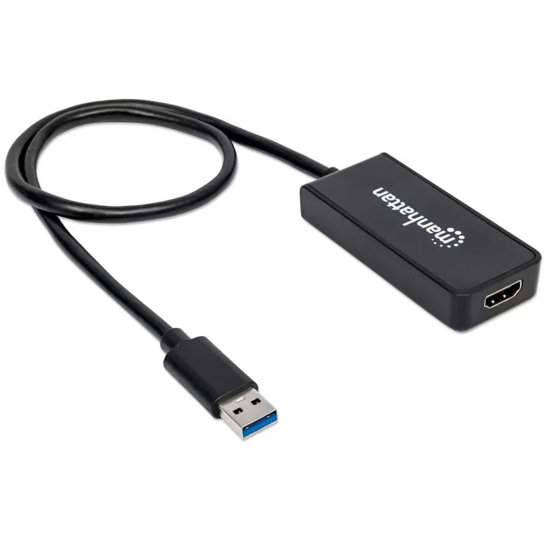 Manhattan USB-A uz HDMI adaptera kabelis, 60 cm, vīriešu uz sieviešu, 5 Gb/s (USB 3.2 Gen1 jeb USB 3.0), 2560x1440 @ 32 bitu krāsa, Full HD video 1080p@16:9, melns, blistera iepakojums