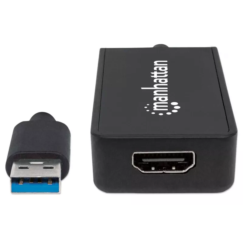 Manhattan USB-A uz HDMI adaptera kabelis, 60 cm, vīriešu uz sieviešu, 5 Gb/s (USB 3.2 Gen1 jeb USB 3.0), 2560x1440 @ 32 bitu krāsa, Full HD video 1080p@16:9, melns, blistera iepakojums