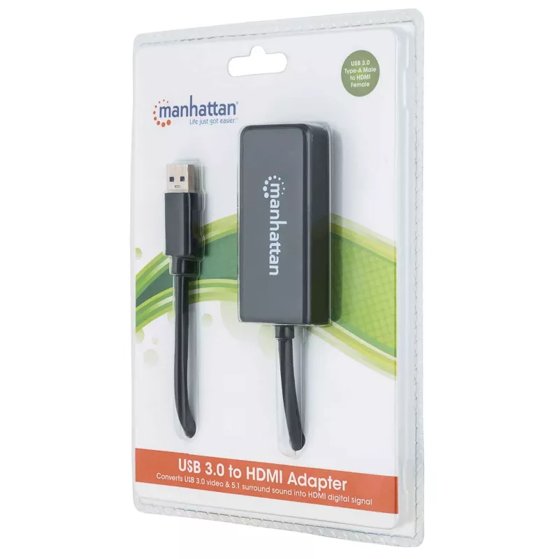 Manhattan USB-A uz HDMI adaptera kabelis, 60 cm, vīriešu uz sieviešu, 5 Gb/s (USB 3.2 Gen1 jeb USB 3.0), 2560x1440 @ 32 bitu krāsa, Full HD video 1080p@16:9, melns, blistera iepakojums
