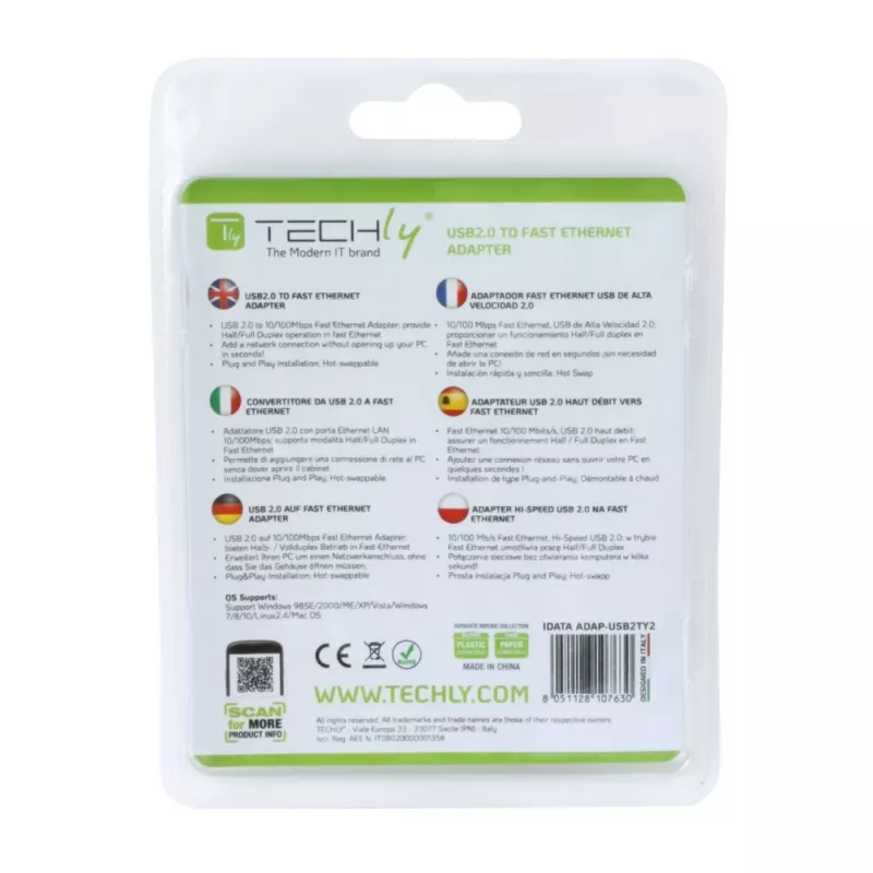 Techly USB2.0 uz ātro Ethernet 10/100 Mb/s pārveidotājs, vadu, USB, Ethernet, 100 Mbit/s, balts