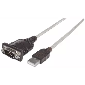 Manhattan USB-A uz Serial pārveidotāja kabelis, 45 cm, vīrišķais – vīrišķais, Serial/RS232/COM/DB9, Prolific PL-2303HXD mikroshēma, melns/sudrabains kabelis, trīs gadu garantija