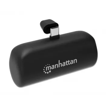 Manhattan ārējais akumulators ar integrētu USB-C spraudni, 5000 mAh, līdz 20 W jauda, izvelkams balsts lietošanai kā uzlādes tālruņa turētājs, melns, viena gada garantija