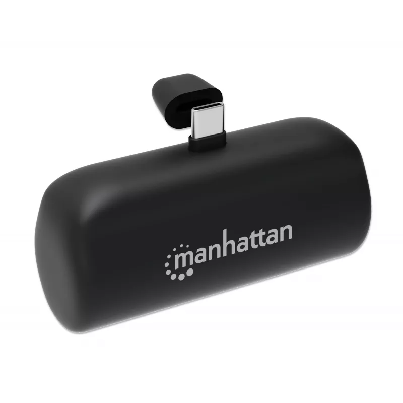 Manhattan ārējais akumulators ar integrētu USB-C spraudni, 5000 mAh, līdz 20 W jauda, izvelkams balsts lietošanai kā uzlādes tālruņa turētājs, melns, viena gada garantija