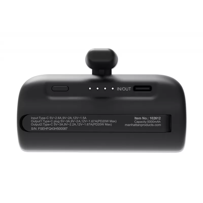 Manhattan ārējais akumulators ar integrētu USB-C spraudni, 5000 mAh, līdz 20 W jauda, izvelkams balsts lietošanai kā uzlādes tālruņa turētājs, melns, viena gada garantija