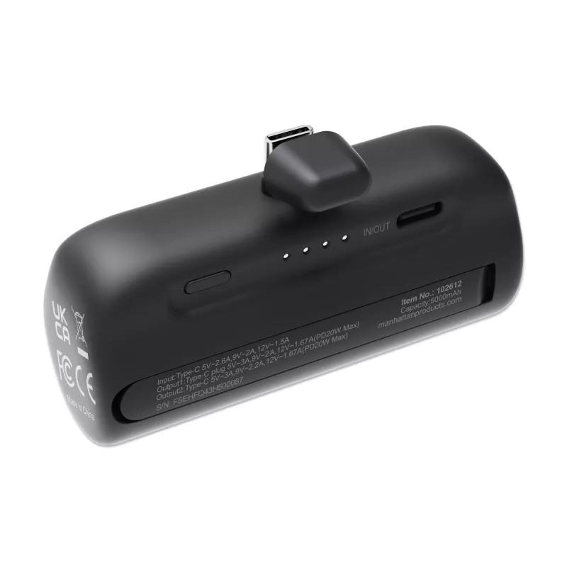 Manhattan ārējais akumulators ar integrētu USB-C spraudni, 5000 mAh, līdz 20 W jauda, izvelkams balsts lietošanai kā uzlādes tālruņa turētājs, melns, viena gada garantija