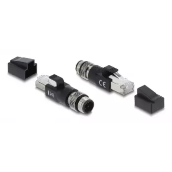 Adapteris M12 D-kodēts 4 kontaktu (vīrišķais) uz RJ45 spraudni, DELOCK 90831, zeltīti kontakti, melns