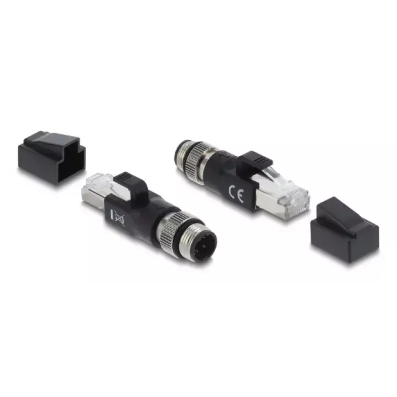 Adapteris M12 D-kodēts 4 kontaktu (vīrišķais) uz RJ45 spraudni, DELOCK 90831, zeltīti kontakti, melns