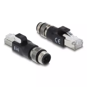 Adapteris M12 D-kodēts 4 kontaktu (vīrišķais) uz RJ45 spraudni, DELOCK 90831, zeltīti kontakti, melns