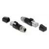 Adapter DELOCK M12 X-kodēts 8‑kontaktu vīrišķais uz RJ45 spraudni, zelta kontakti, melns