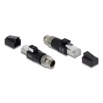 Adapter DELOCK M12 X-kodēts 8‑kontaktu vīrišķais uz RJ45 spraudni, zelta kontakti, melns