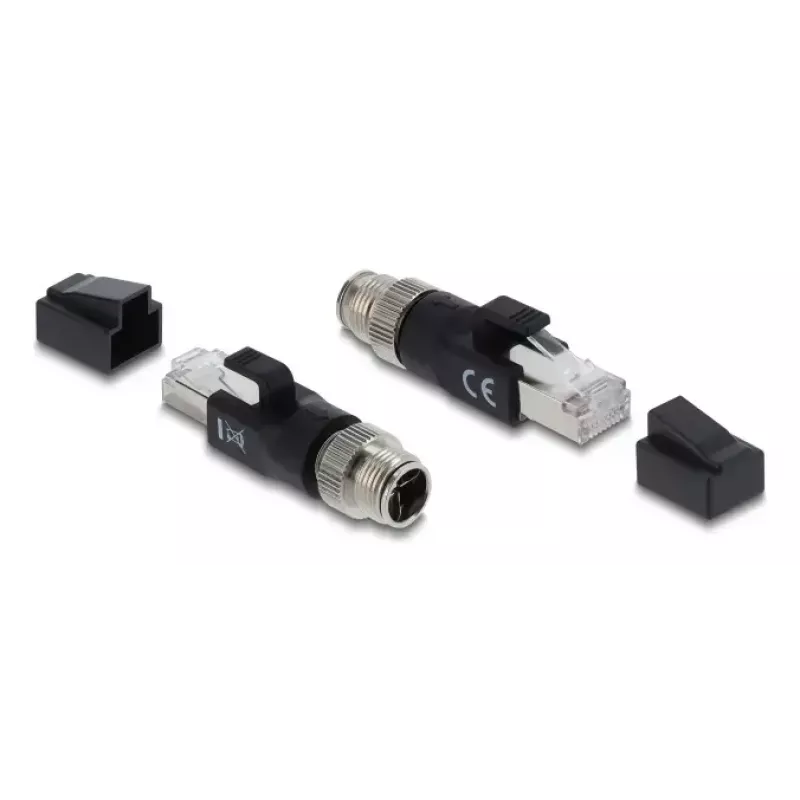 Adapter DELOCK M12 X-kodēts 8‑kontaktu vīrišķais uz RJ45 spraudni, zelta kontakti, melns