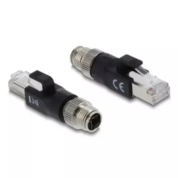 Adapter DELOCK M12 X-kodēts 8‑kontaktu vīrišķais uz RJ45 spraudni, zelta kontakti, melns