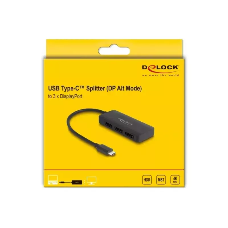 DeLOCK USB Type-C sadalītājs DP Alt Mode uz 3 x DisplayPort MST 4K 60 Hz