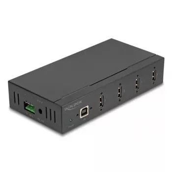 DELOCK saskarnes centrmezgls USB 2.0 Type-B uz 4x USB 2.0 Type-A (480 Mbit/s), melns, metāla korpuss, līdzstrāvas barošana