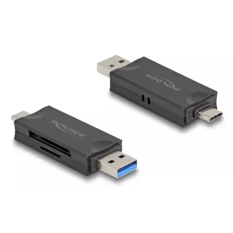 Karšu lasītājs DELOCK USB 5 Gbps USB Type-C / Type-A SD un MicroSD kartēm, melns, 5000 Mbit/s, 21×77×10 mm
