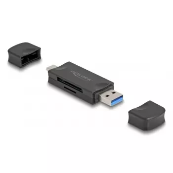 Karšu lasītājs DELOCK USB 5 Gbps USB Type-C / Type-A SD un MicroSD kartēm, melns, 5000 Mbit/s, 21×77×10 mm