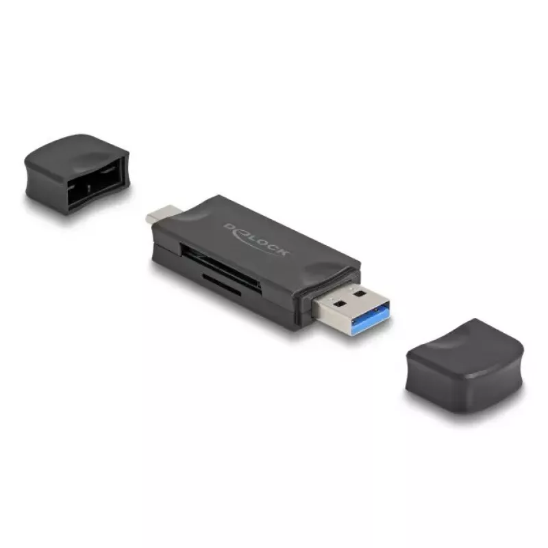 Karšu lasītājs DELOCK USB 5 Gbps USB Type-C / Type-A SD un MicroSD kartēm, melns, 5000 Mbit/s, 21×77×10 mm