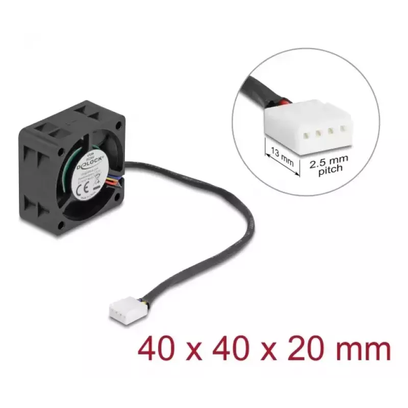 Datora korpusa ventilators DELOCK 67299 — 40 x 40 x 20 mm, 24 V līdzstrāva, lodīšu gultnis, 0,19 m³/h, melns