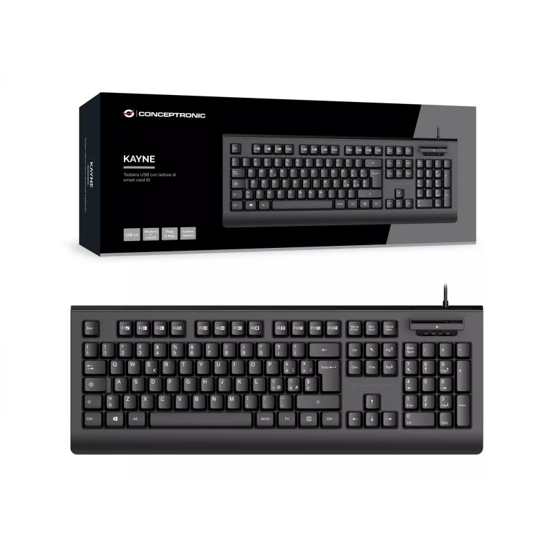 CONCEPTRONIC USB tastatūra ar viedtālruņa karšu lasītāju KAYNE01IT — pilna izmēra 105 taustiņu, itāliešu izkārtojums, vadu, 1,5 m kabelis, melna