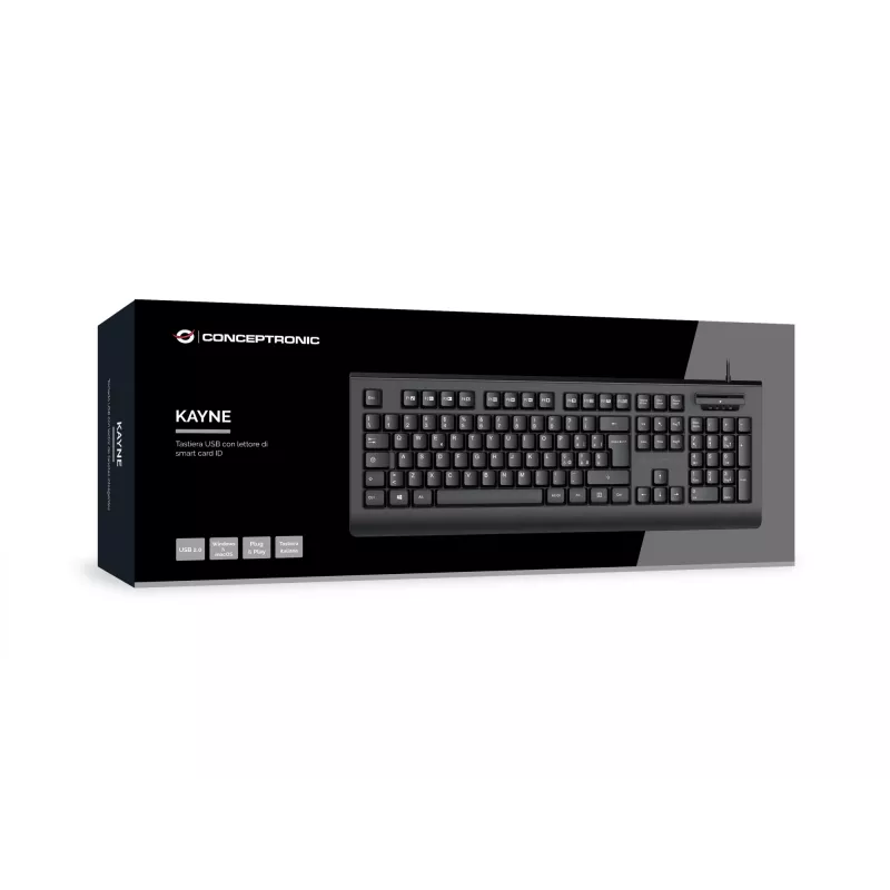 CONCEPTRONIC USB tastatūra ar viedtālruņa karšu lasītāju KAYNE01IT — pilna izmēra 105 taustiņu, itāliešu izkārtojums, vadu, 1,5 m kabelis, melna
