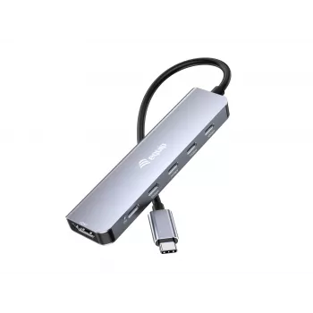 EQUIP USB-C 6-in-1 daudzfunkciju adapteris — HDMI 4K/60Hz, 4× USB-C Gen2 (10Gbps), 100W PD, 0,25 m kabelis, pelēks