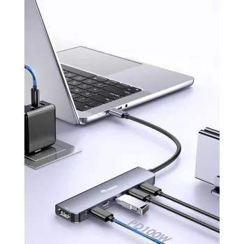 EQUIP USB-C 6-in-1 daudzfunkciju adapteris — HDMI 4K/60Hz, 4× USB-C Gen2 (10Gbps), 100W PD, 0,25 m kabelis, pelēks