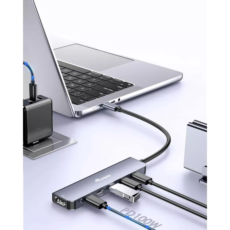 EQUIP USB-C 6-in-1 daudzfunkciju adapteris — HDMI 4K/60Hz, 4× USB-C Gen2 (10Gbps), 100W PD, 0,25 m kabelis, pelēks
