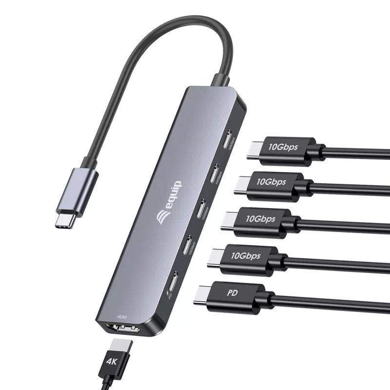 EQUIP USB-C 6-in-1 daudzfunkciju adapteris — HDMI 4K/60Hz, 4× USB-C Gen2 (10Gbps), 100W PD, 0,25 m kabelis, pelēks