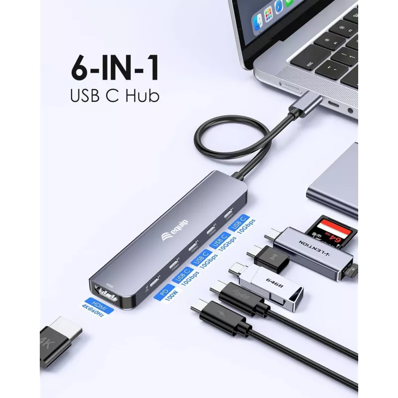 EQUIP USB-C 6-in-1 daudzfunkciju adapteris — HDMI 4K/60Hz, 4× USB-C Gen2 (10Gbps), 100W PD, 0,25 m kabelis, pelēks