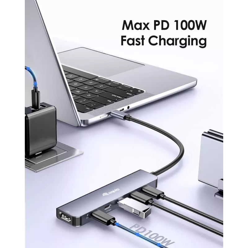 EQUIP USB-C 6-in-1 daudzfunkciju adapteris — HDMI 4K/60Hz, 4× USB-C Gen2 (10Gbps), 100W PD, 0,25 m kabelis, pelēks