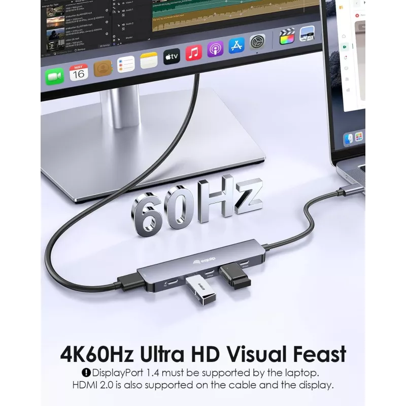 EQUIP USB-C 6-in-1 daudzfunkciju adapteris — HDMI 4K/60Hz, 4× USB-C Gen2 (10Gbps), 100W PD, 0,25 m kabelis, pelēks