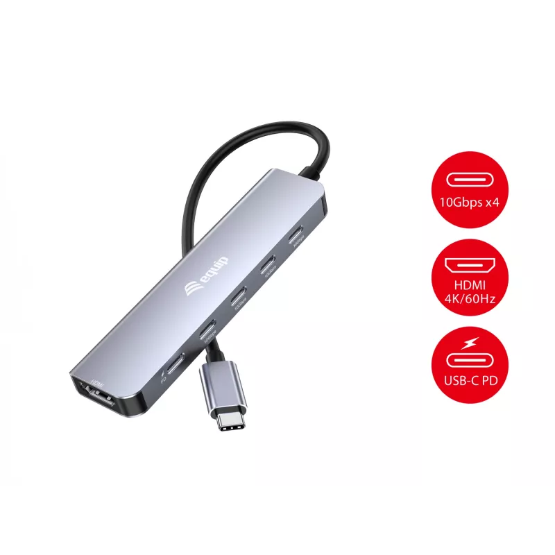EQUIP USB-C 6-in-1 daudzfunkciju adapteris — HDMI 4K/60Hz, 4× USB-C Gen2 (10Gbps), 100W PD, 0,25 m kabelis, pelēks