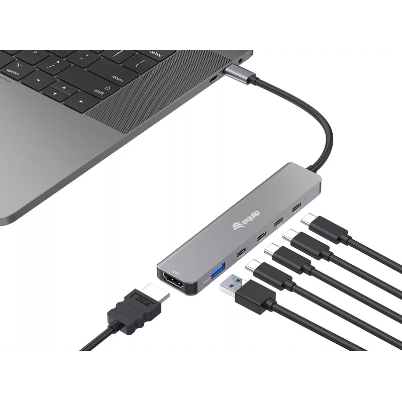 Equip USB-C 6-in-1 daudzfunkciju adapteris, HDMI 4K/30Hz, 4 × USB-C, 1 × USB-A, 5 Gbps, 100 W USB PD
