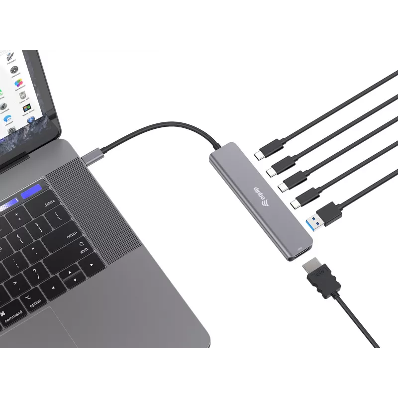 Equip USB-C 6-in-1 daudzfunkciju adapteris, HDMI 4K/30Hz, 4 × USB-C, 1 × USB-A, 5 Gbps, 100 W USB PD