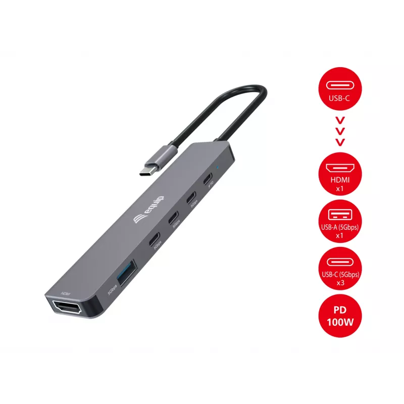 Equip USB-C 6-in-1 daudzfunkciju adapteris, HDMI 4K/30Hz, 4 × USB-C, 1 × USB-A, 5 Gbps, 100 W USB PD