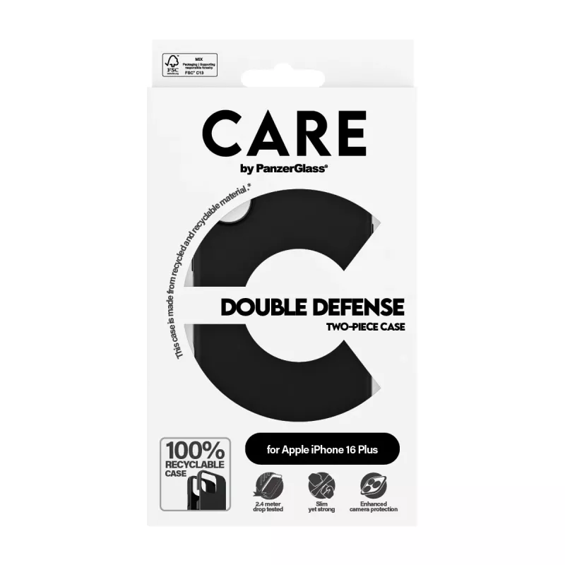 PanzerGlass CARE™ by ® Double Defense Case Melns iPhone 16 Plus