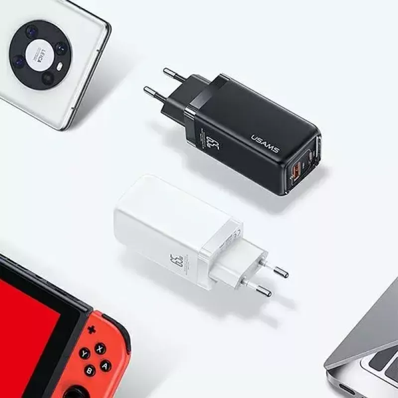 Lādētājs usams T47 USB / USB‑C 65W PD ātrā uzlāde — 65W USB Power Delivery, USB-A + USB-C porti