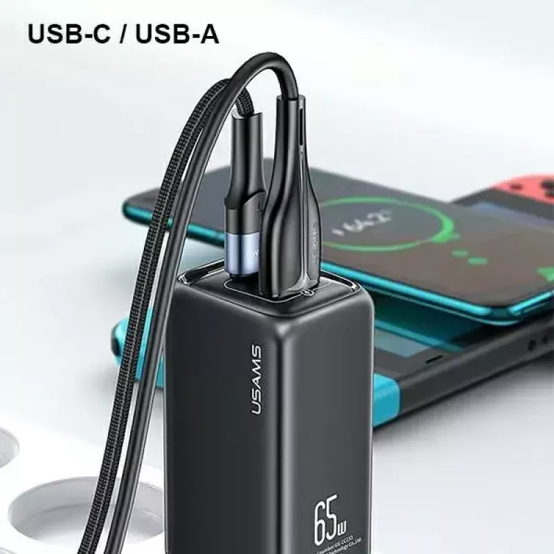 Lādētājs usams T47 USB / USB‑C 65W PD ātrā uzlāde — 65W USB Power Delivery, USB-A + USB-C porti