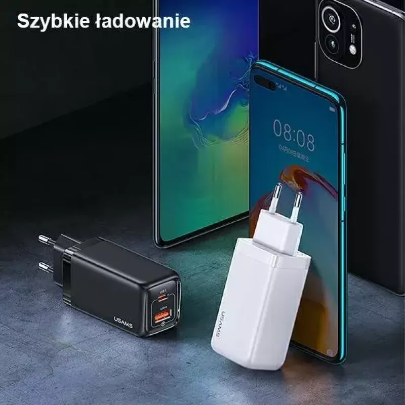 Lādētājs usams T47 USB / USB‑C 65W PD ātrā uzlāde — 65W USB Power Delivery, USB-A + USB-C porti