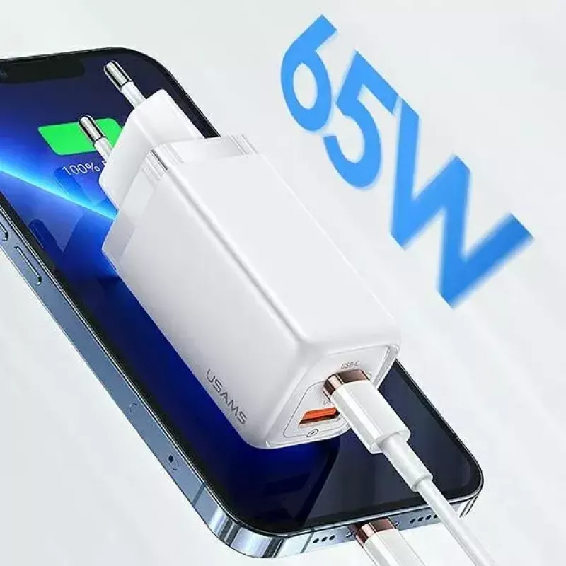 Lādētājs usams T47 USB / USB‑C 65W PD ātrā uzlāde — 65W USB Power Delivery, USB-A + USB-C porti